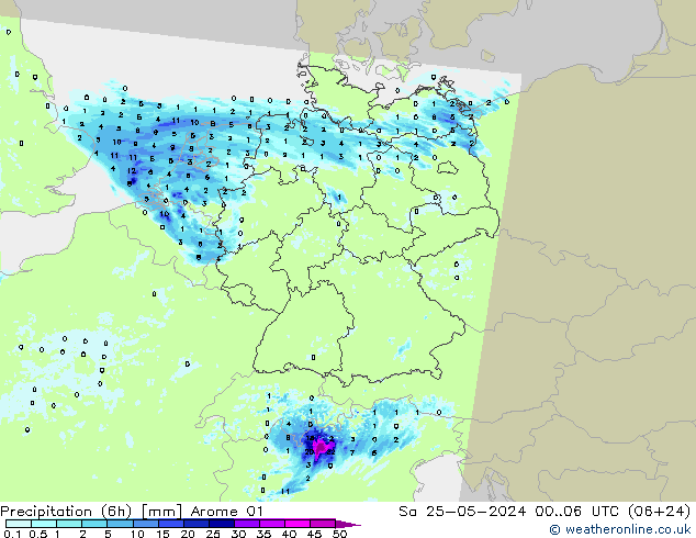 Totale neerslag (6h) Arome 01 za 25.05.2024 06 UTC