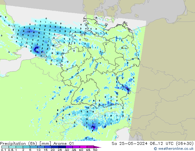 Precipitation (6h) Arome 01 Sa 25.05.2024 12 UTC
