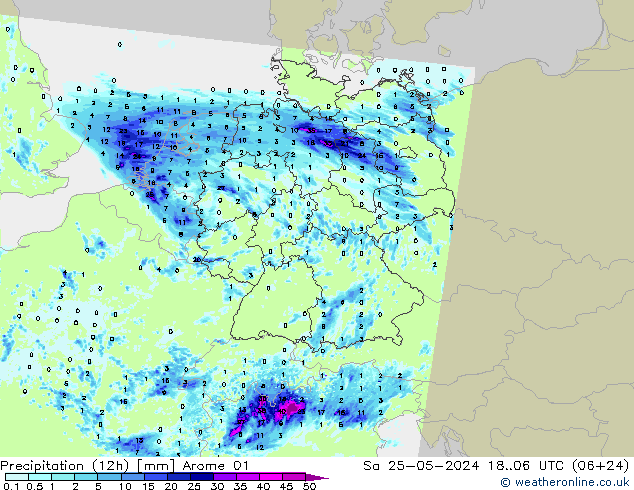 Precipitation (12h) Arome 01 Sa 25.05.2024 06 UTC