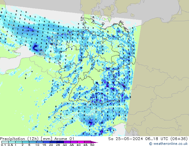 Totale neerslag (12h) Arome 01 za 25.05.2024 18 UTC