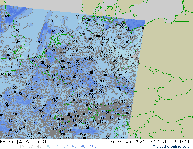 Humedad rel. 2m Arome 01 vie 24.05.2024 07 UTC