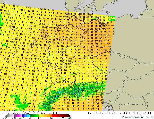 Temperatura (2m) Arome 01 ven 24.05.2024 07 UTC