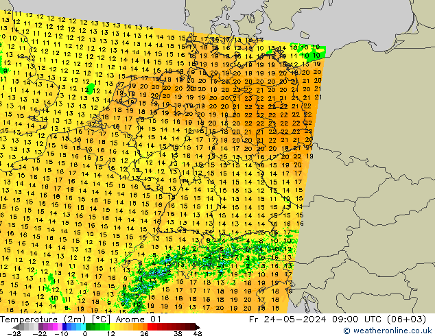 Temperature (2m) Arome 01 Fr 24.05.2024 09 UTC