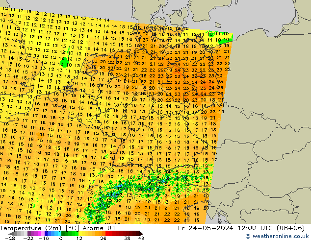 Temperaturkarte (2m) Arome 01 Fr 24.05.2024 12 UTC