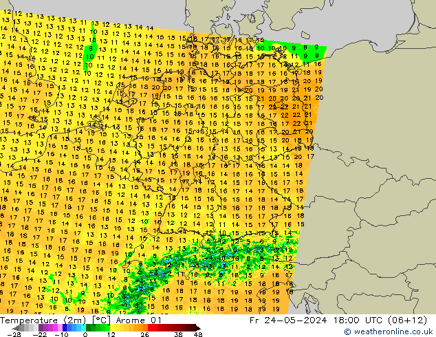 карта температуры Arome 01 пт 24.05.2024 18 UTC