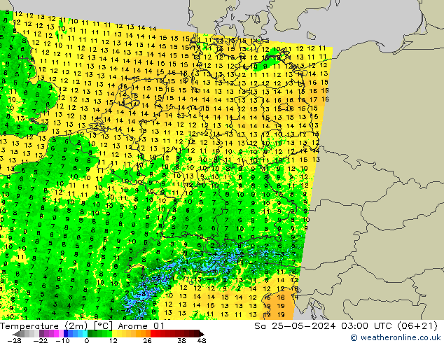 Temperaturkarte (2m) Arome 01 Sa 25.05.2024 03 UTC