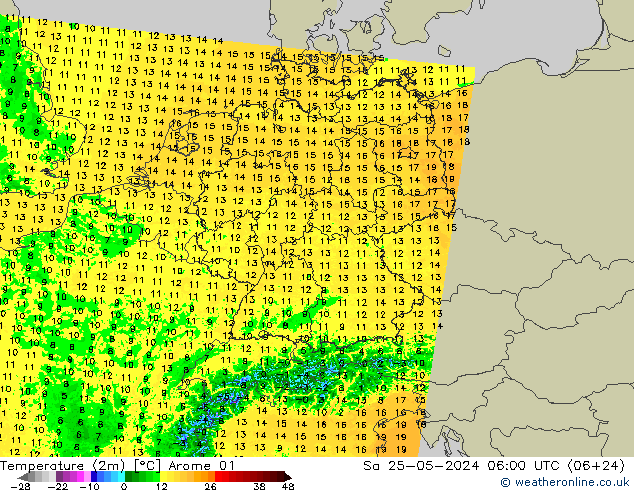 température (2m) Arome 01 sam 25.05.2024 06 UTC