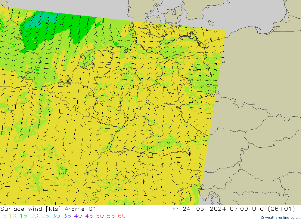 Wind 10 m Arome 01 vr 24.05.2024 07 UTC