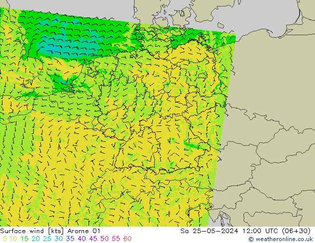 Wind 10 m Arome 01 za 25.05.2024 12 UTC