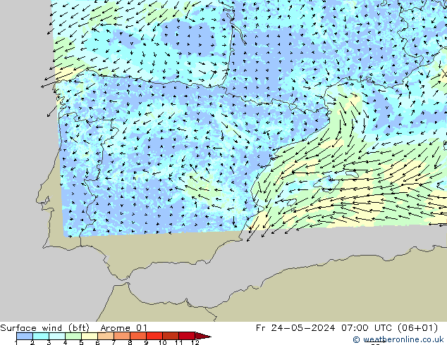 Rüzgar 10 m (bft) Arome 01 Cu 24.05.2024 07 UTC