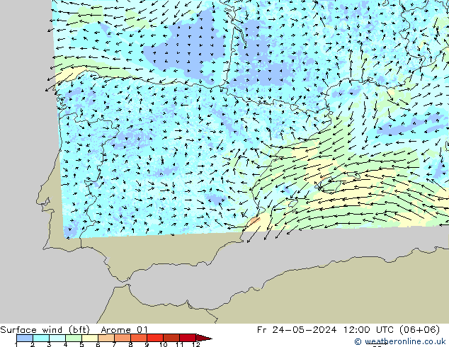 Surface wind (bft) Arome 01 Pá 24.05.2024 12 UTC