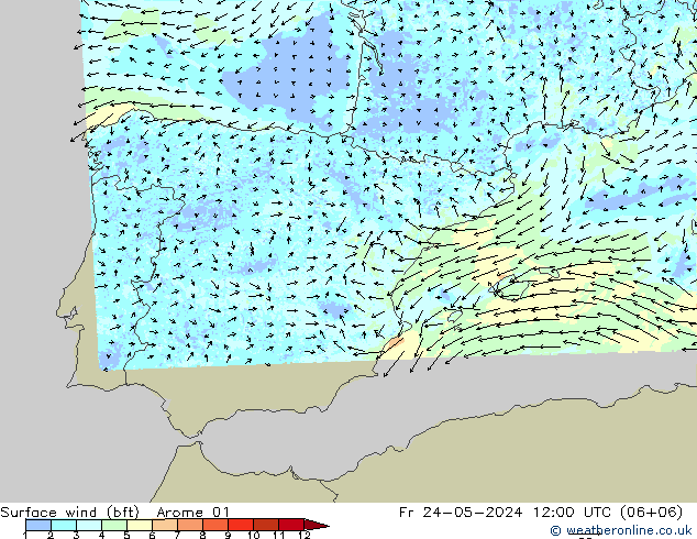 Surface wind (bft) Arome 01 Fr 24.05.2024 12 UTC