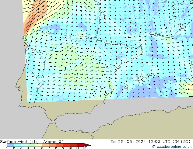 wiatr 10 m (bft) Arome 01 so. 25.05.2024 12 UTC