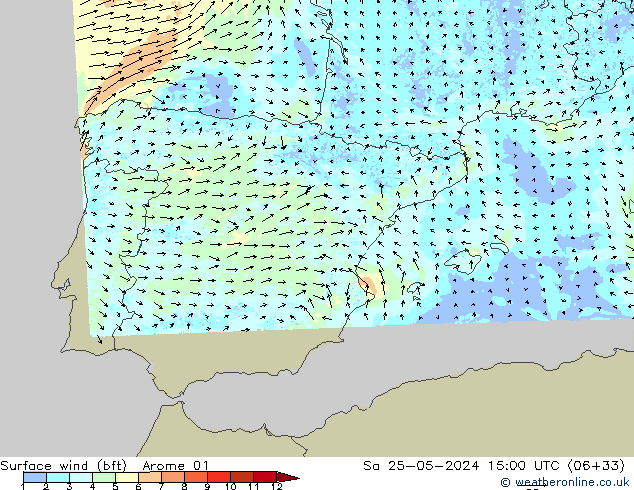 Wind 10 m (bft) Arome 01 za 25.05.2024 15 UTC