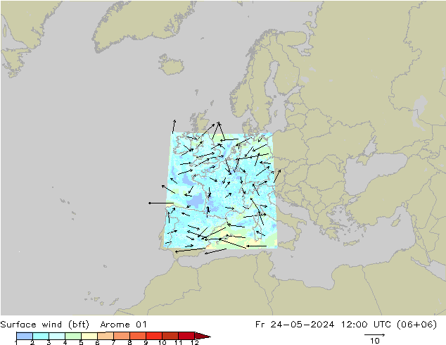 Wind 10 m (bft) Arome 01 vr 24.05.2024 12 UTC
