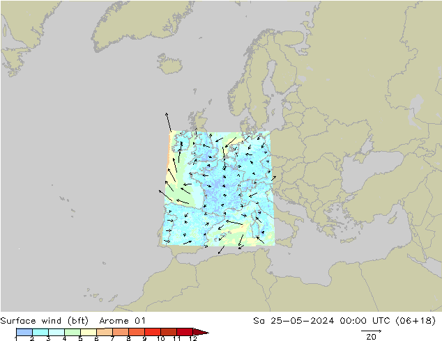 Viento 10 m (bft) Arome 01 sáb 25.05.2024 00 UTC