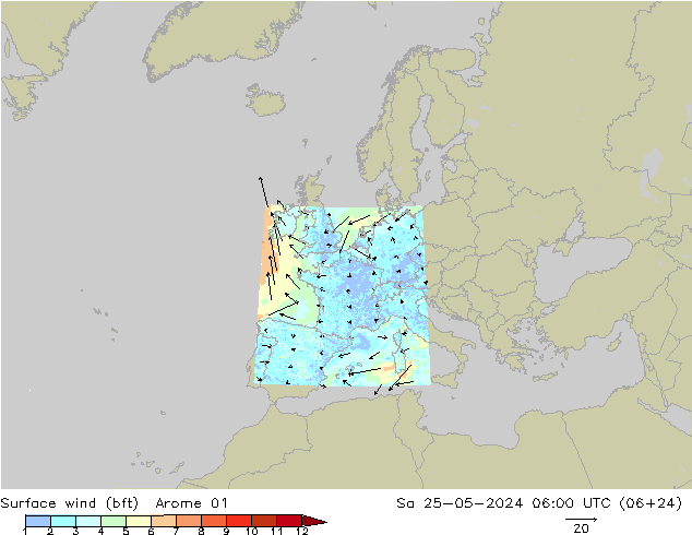 Viento 10 m (bft) Arome 01 sáb 25.05.2024 06 UTC