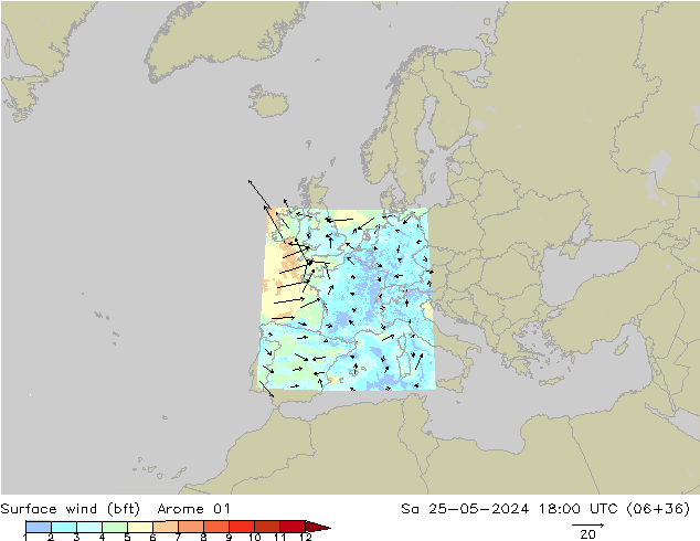 Viento 10 m (bft) Arome 01 sáb 25.05.2024 18 UTC