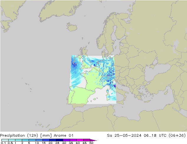 Precipitation (12h) Arome 01 So 25.05.2024 18 UTC