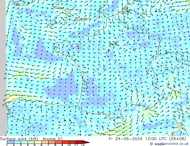 wiatr 10 m (bft) Arome 01 pt. 24.05.2024 12 UTC