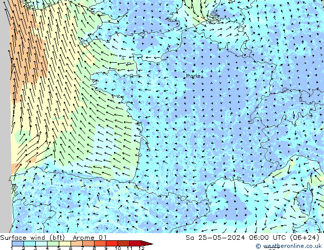 Surface wind (bft) Arome 01 So 25.05.2024 06 UTC