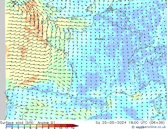 Wind 10 m (bft) Arome 01 za 25.05.2024 18 UTC