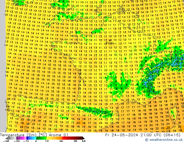 Temperature (2m) Arome 01 Fr 24.05.2024 21 UTC