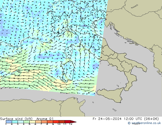 Rüzgar 10 m (bft) Arome 01 Cu 24.05.2024 12 UTC