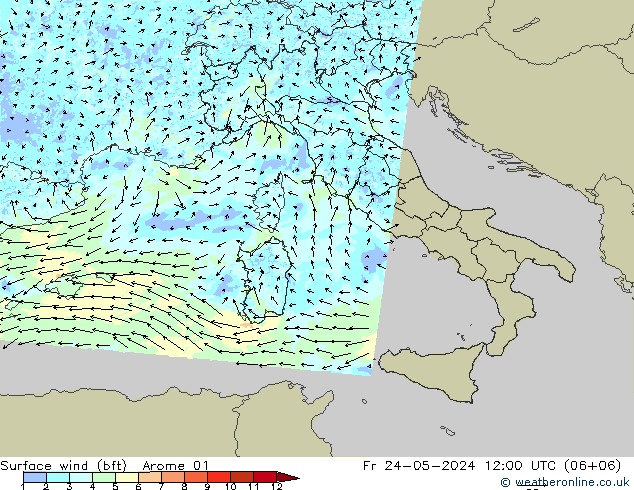 Vento 10 m (bft) Arome 01 ven 24.05.2024 12 UTC