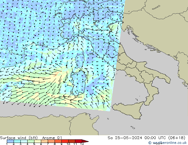 wiatr 10 m (bft) Arome 01 so. 25.05.2024 00 UTC