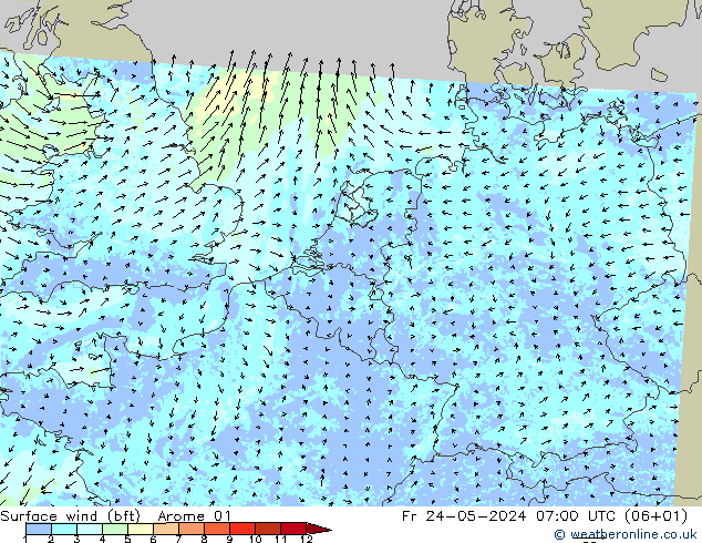 Viento 10 m (bft) Arome 01 vie 24.05.2024 07 UTC