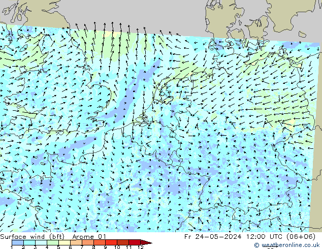 Bodenwind (bft) Arome 01 Fr 24.05.2024 12 UTC