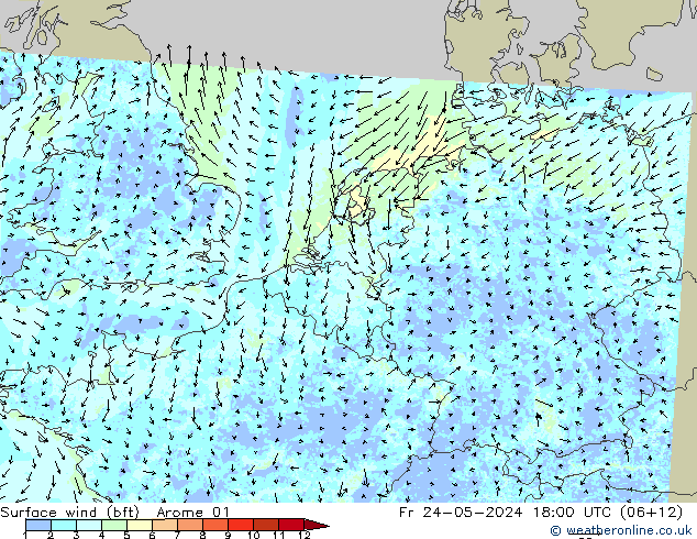 Surface wind (bft) Arome 01 Pá 24.05.2024 18 UTC