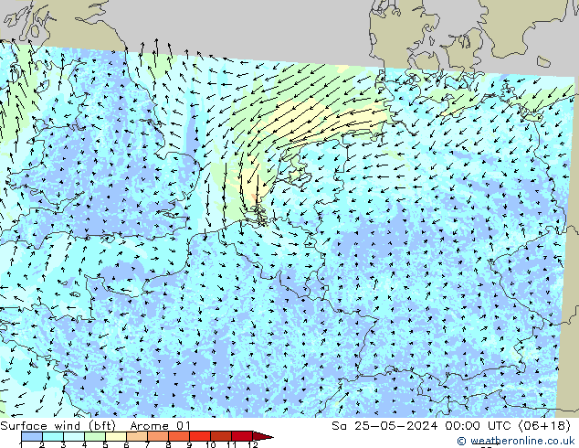 Vento 10 m (bft) Arome 01 Sáb 25.05.2024 00 UTC