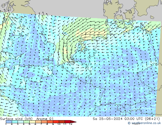 Wind 10 m (bft) Arome 01 za 25.05.2024 03 UTC