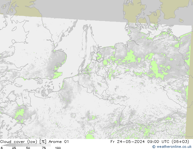 Cloud cover (low) Arome 01 Fr 24.05.2024 09 UTC