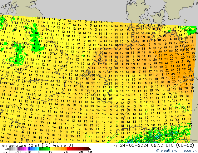 température (2m) Arome 01 ven 24.05.2024 08 UTC