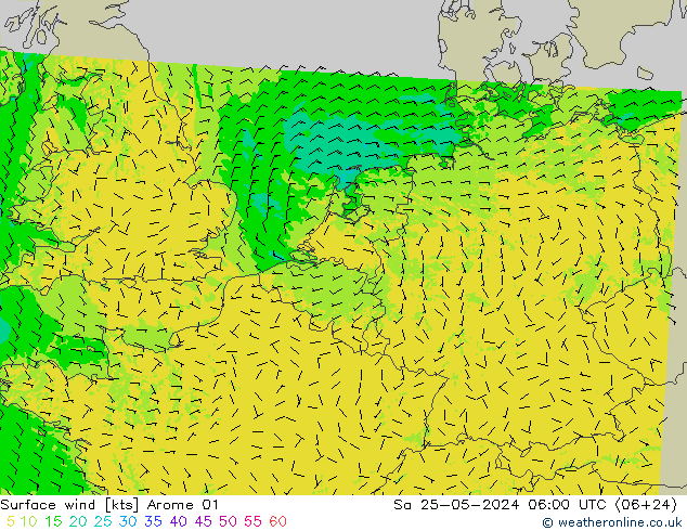 风 10 米 Arome 01 星期六 25.05.2024 06 UTC