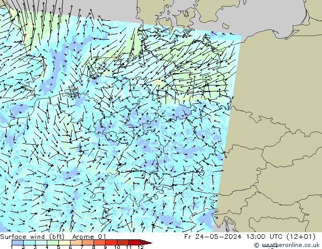 Vento 10 m (bft) Arome 01 Sex 24.05.2024 13 UTC