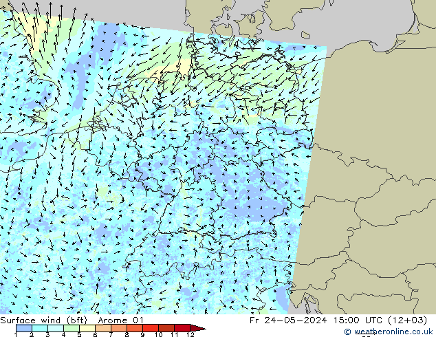 Rüzgar 10 m (bft) Arome 01 Cu 24.05.2024 15 UTC