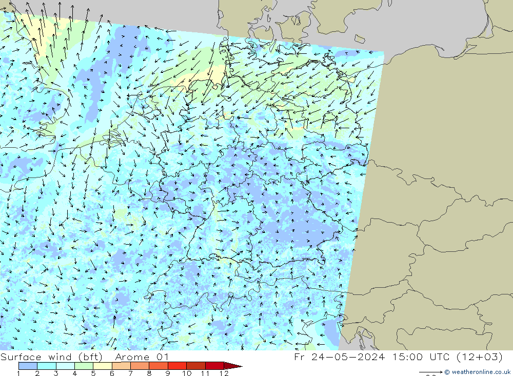 Surface wind (bft) Arome 01 Pá 24.05.2024 15 UTC