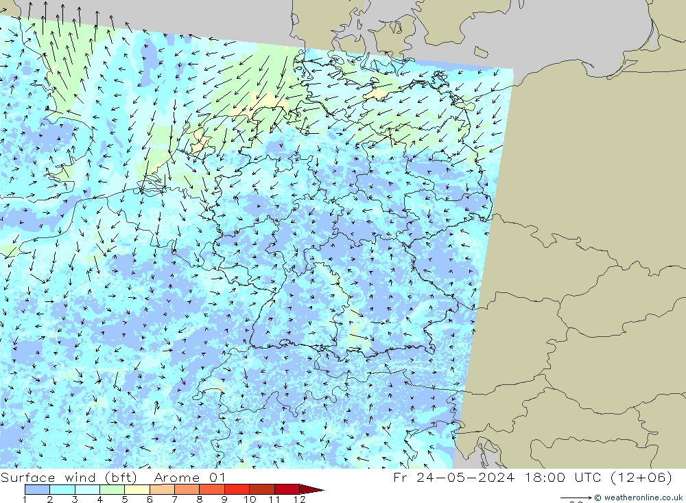 Surface wind (bft) Arome 01 Fr 24.05.2024 18 UTC