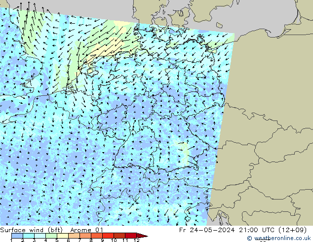 Surface wind (bft) Arome 01 Pá 24.05.2024 21 UTC