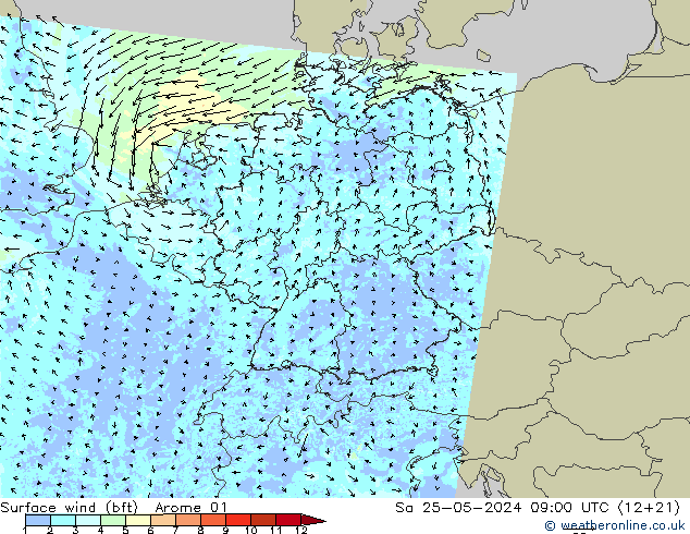 Bodenwind (bft) Arome 01 Sa 25.05.2024 09 UTC