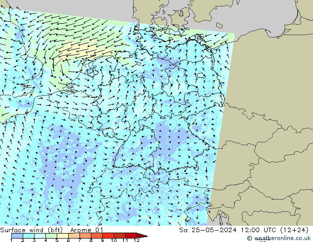 Wind 10 m (bft) Arome 01 za 25.05.2024 12 UTC