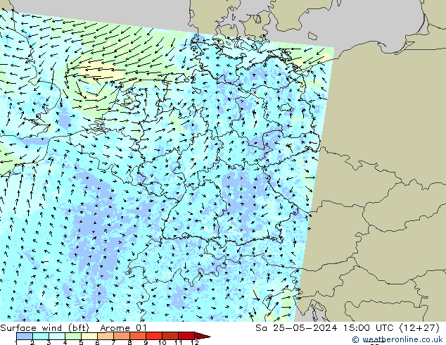 Wind 10 m (bft) Arome 01 za 25.05.2024 15 UTC