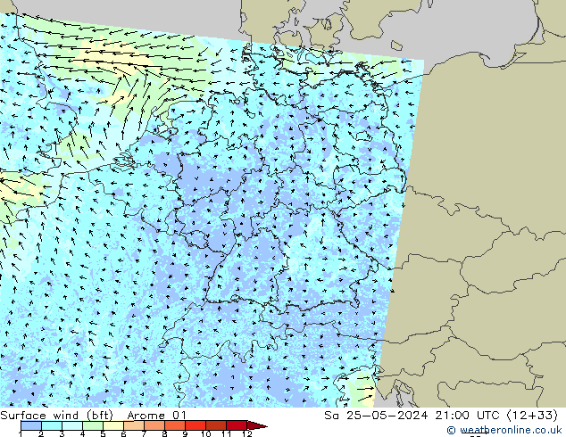 Wind 10 m (bft) Arome 01 za 25.05.2024 21 UTC