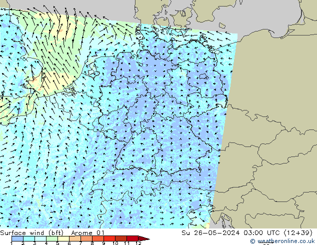 Bodenwind (bft) Arome 01 So 26.05.2024 03 UTC