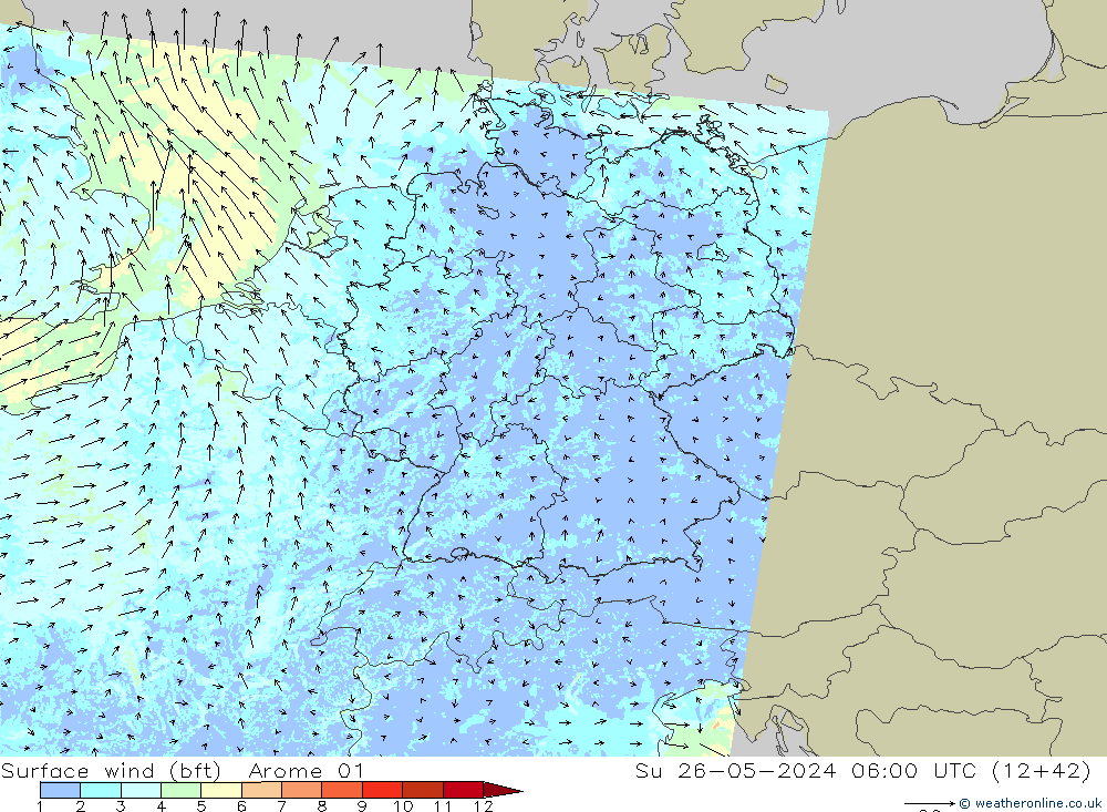 Vent 10 m (bft) Arome 01 dim 26.05.2024 06 UTC