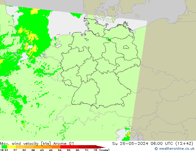 Max. wind velocity Arome 01 Su 26.05.2024 06 UTC